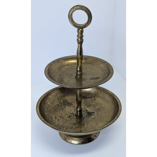 Vintage 2-Tier Brass Gold Tone Circular Jewelry Trinket Trays Stand 8” Metal