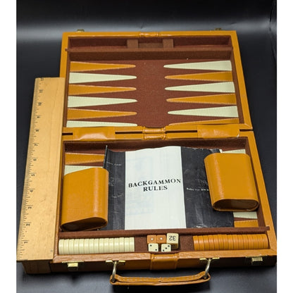 Vintage Brown Faux Leather Mini Travel Backgammon With Case Complete