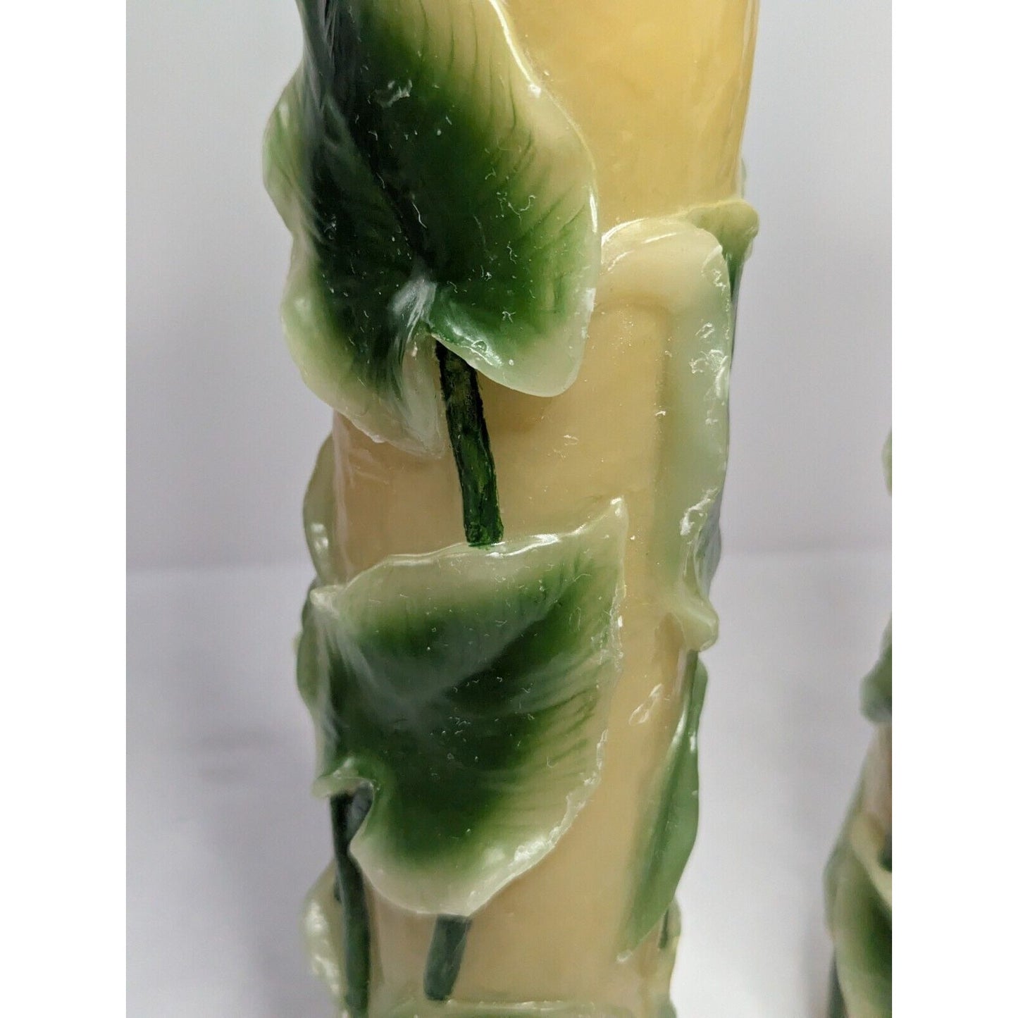 Dept 56 14" Pillar Candle Pair Retro Molded Painted Leaf Hand Carved Wax Candle