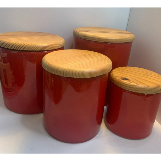 Mamma Ro Pottery Italy Red Set of 4 Canisters Wood Lids in Box New Old Stock