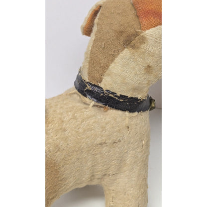 Antique 1900s Handmade Straw Stuffed Rag Dog with Glass Eye and Collar