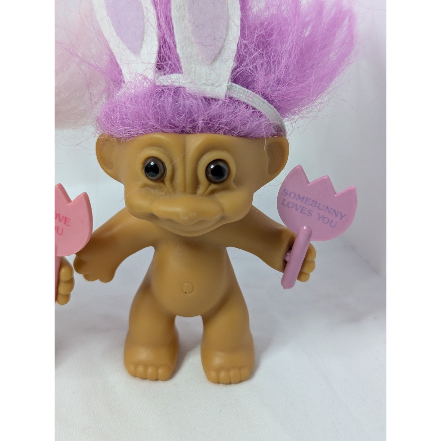 Pair of Vintage Russ 3" Easter Bunny Troll Dolls Purple/Pink Hair Brown Eyes