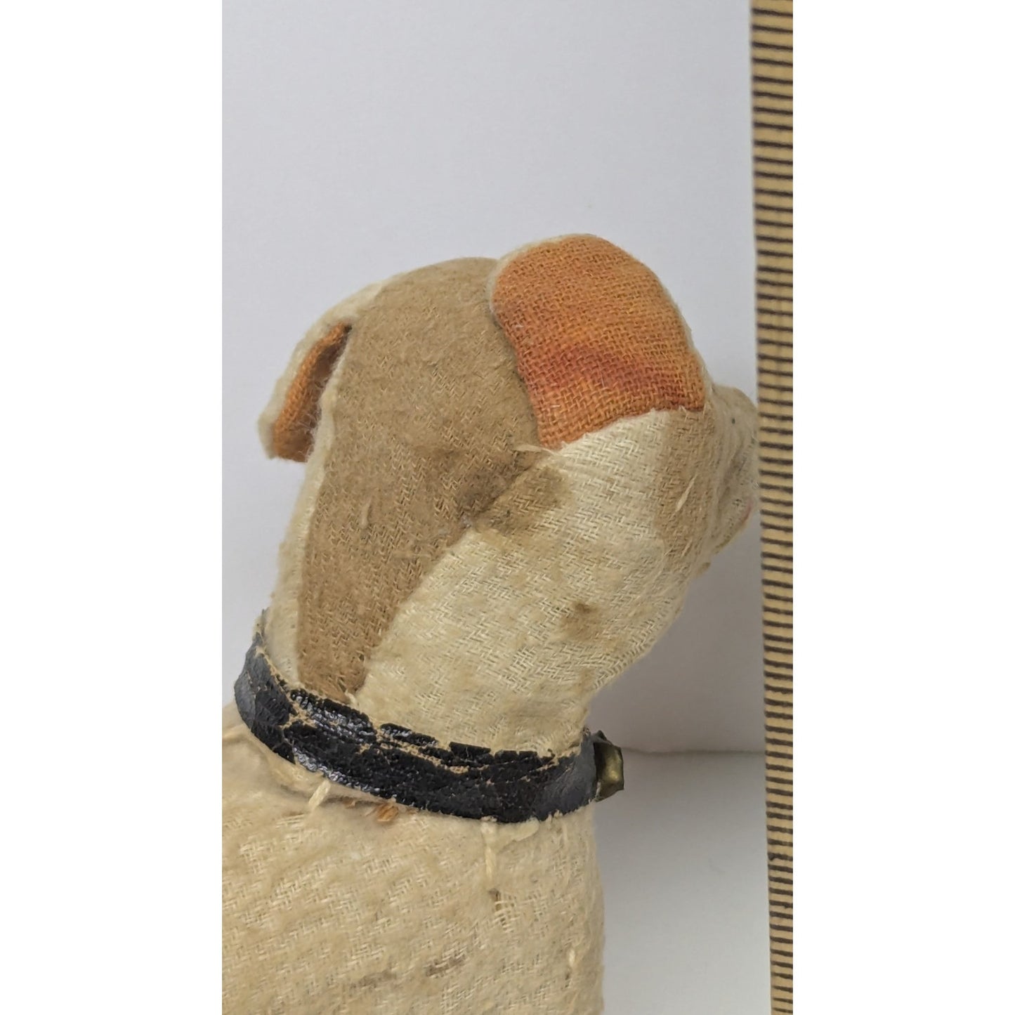 Antique 1900s Handmade Straw Stuffed Rag Dog with Glass Eye and Collar