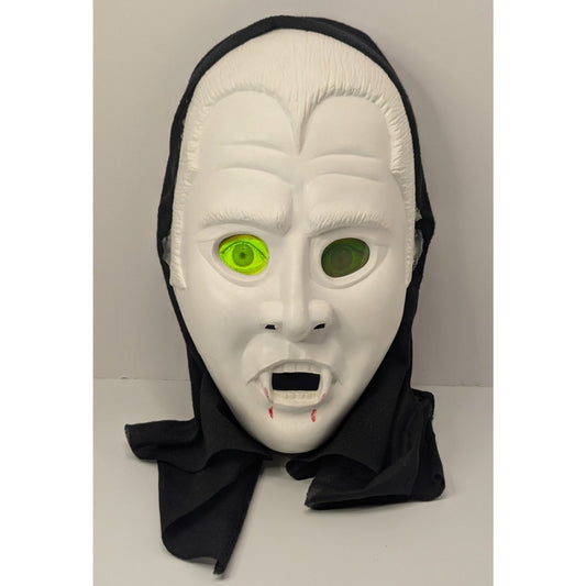 Vintage Vampire Halloween Mask Plastic W/ Hood Glowing Green Hologram Eyes