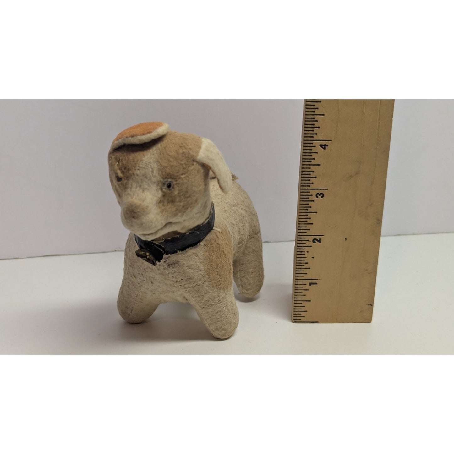 Antique 1900s Handmade Straw Stuffed Rag Dog with Glass Eye and Collar