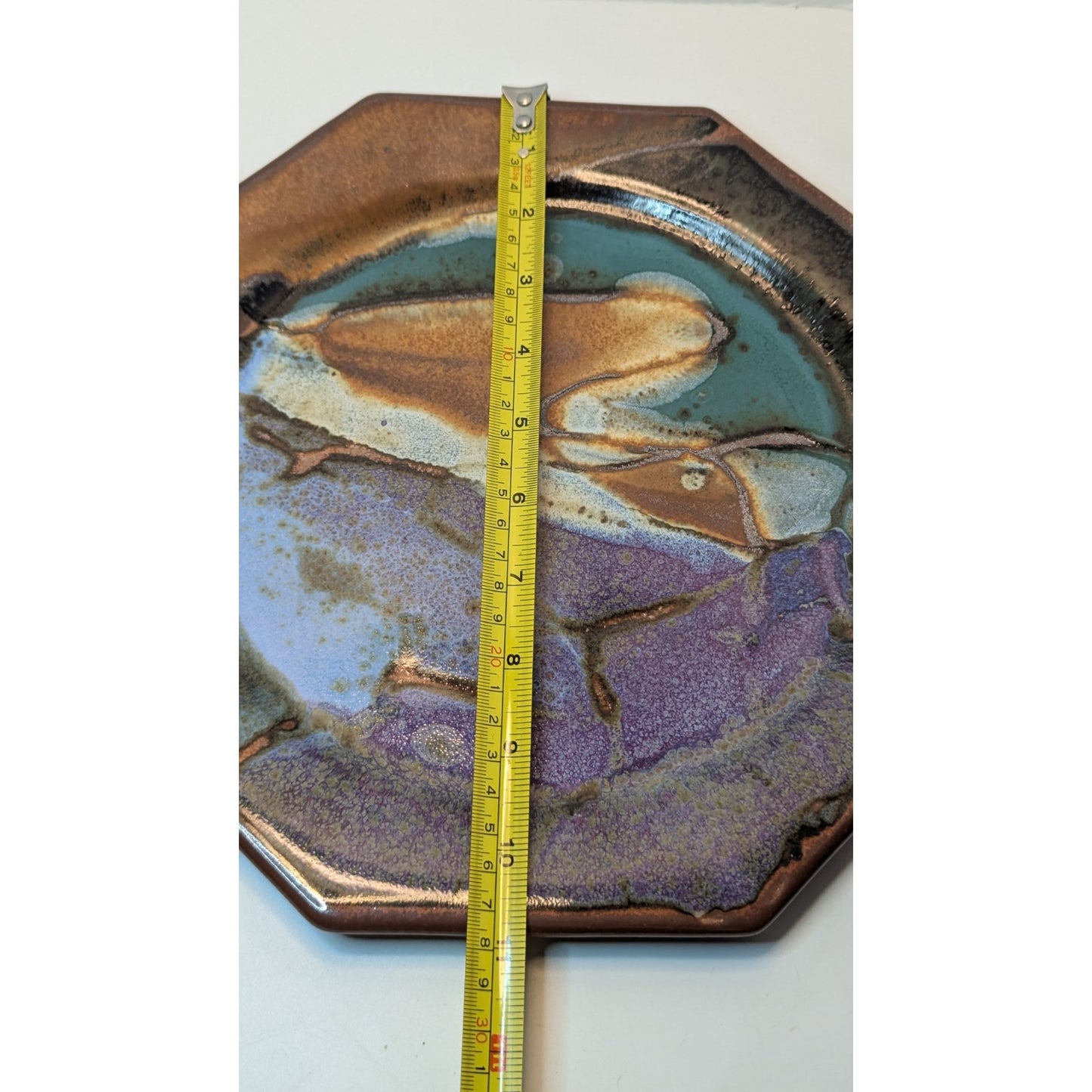 Vintage 1970s Portis Brown 10.75" Octagonal Plate Glazed Pottery Signed B