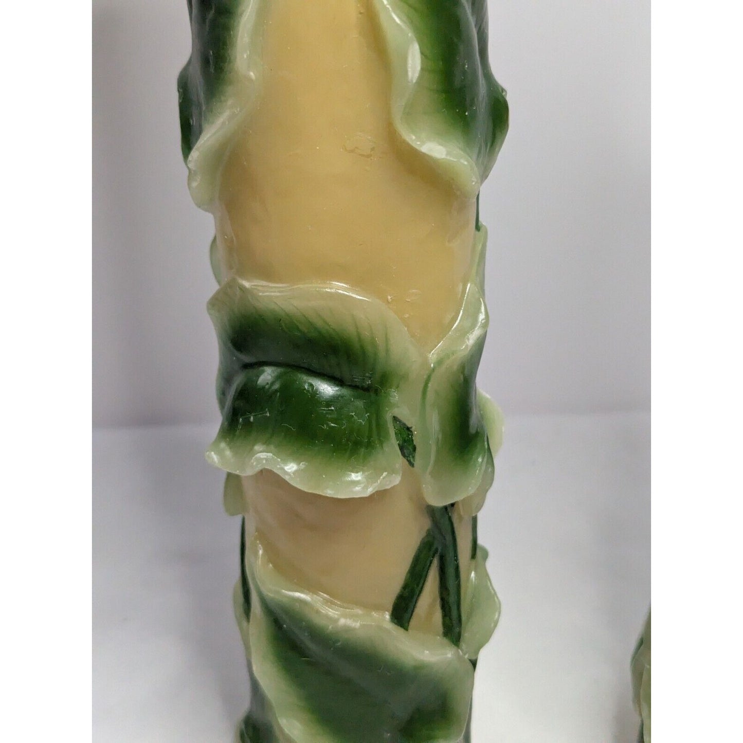 Dept 56 14" Pillar Candle Pair Retro Molded Painted Leaf Hand Carved Wax Candle