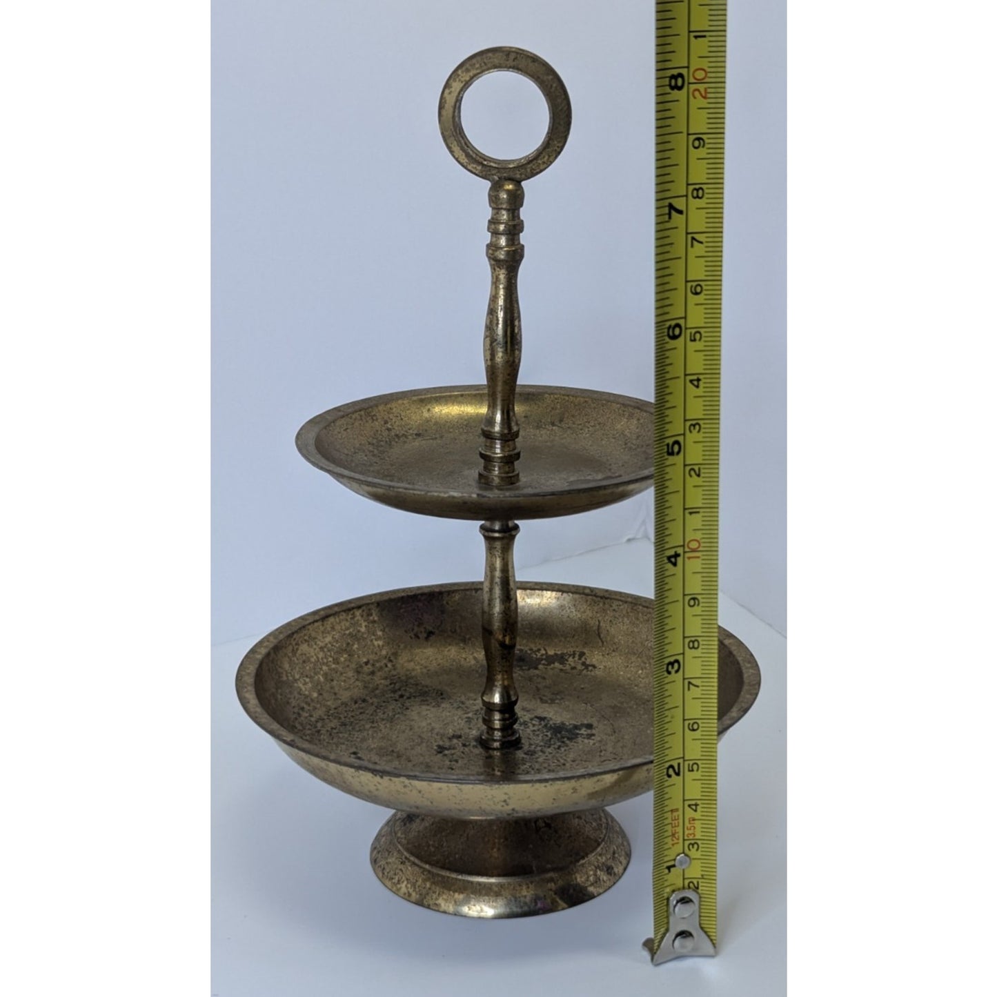 Vintage 2-Tier Brass Gold Tone Circular Jewelry Trinket Trays Stand 8” Metal