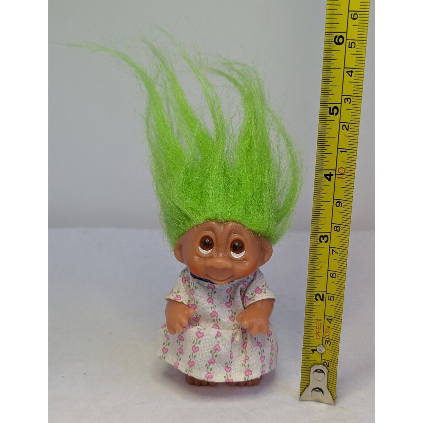 1985 D.A.M. 3" Troll Doll with Pink Heart Flower Dress and Green Hair Brown Eyes