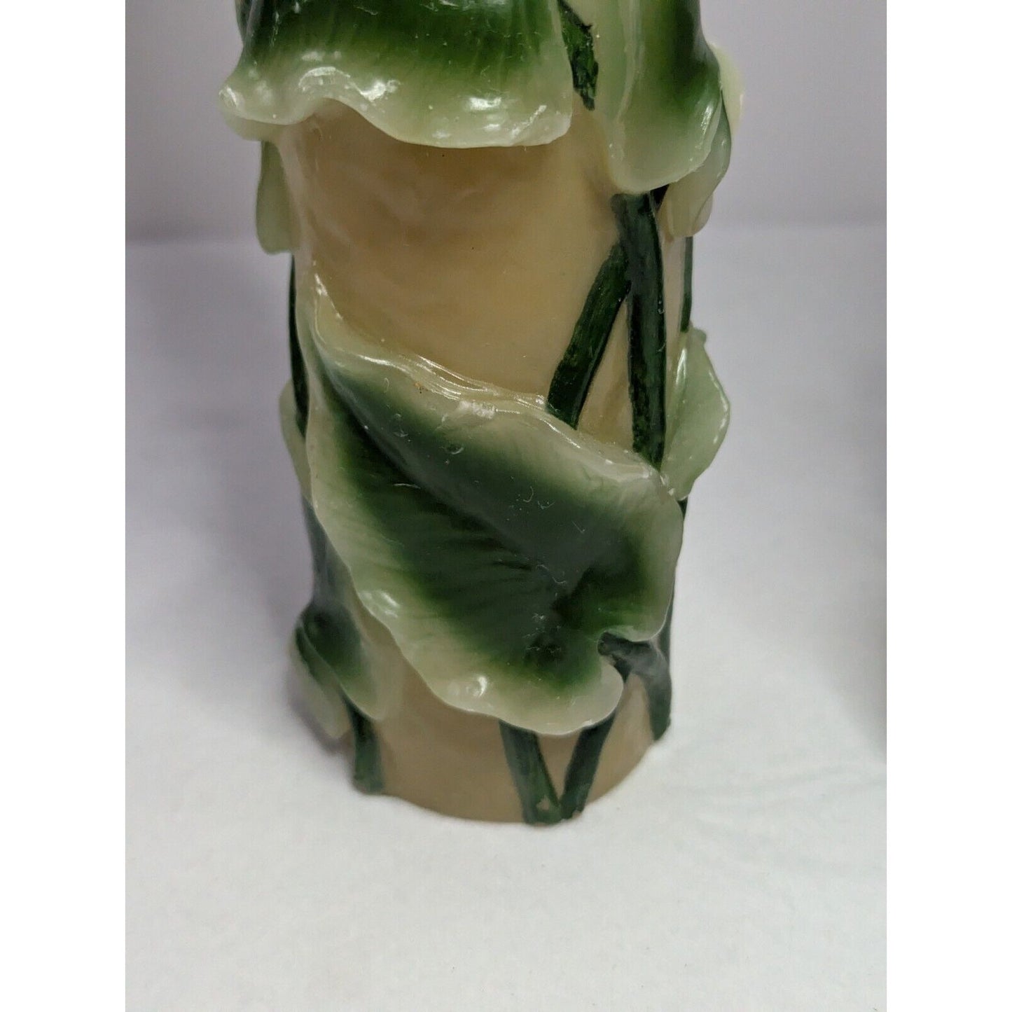 Dept 56 14" Pillar Candle Pair Retro Molded Painted Leaf Hand Carved Wax Candle