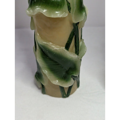 Dept 56 14" Pillar Candle Pair Retro Molded Painted Leaf Hand Carved Wax Candle
