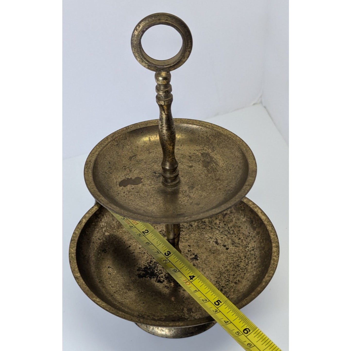 Vintage 2-Tier Brass Gold Tone Circular Jewelry Trinket Trays Stand 8” Metal