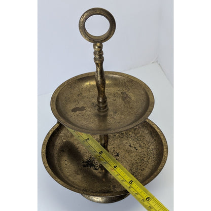 Vintage 2-Tier Brass Gold Tone Circular Jewelry Trinket Trays Stand 8” Metal