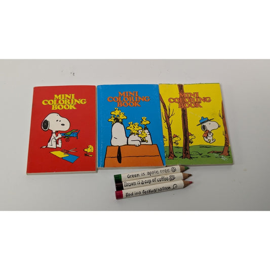 3 Vintage Snoopy Kids 2" Mini-Coloring Book Lot w/Colored Pencils