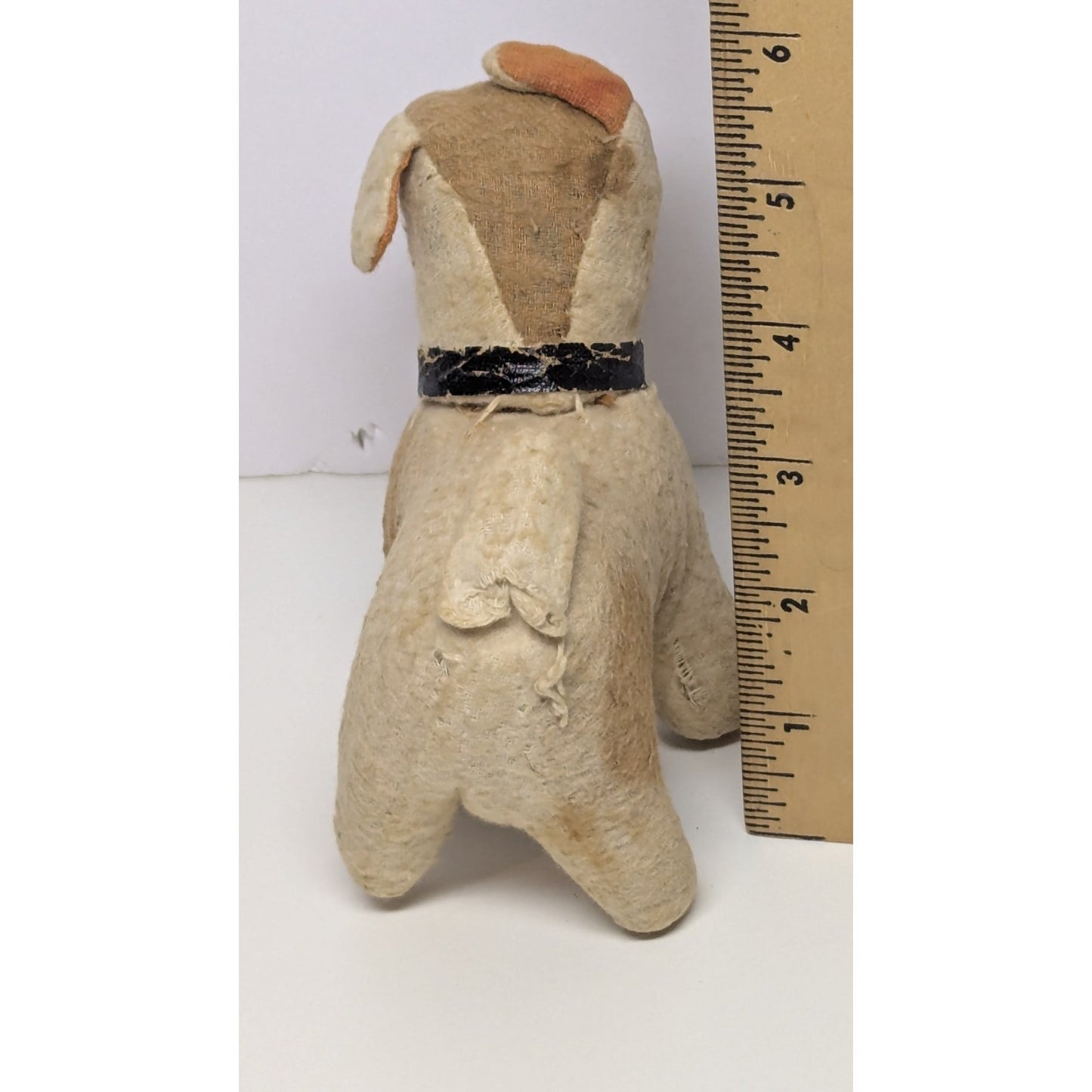 Antique 1900s Handmade Straw Stuffed Rag Dog with Glass Eye and Collar