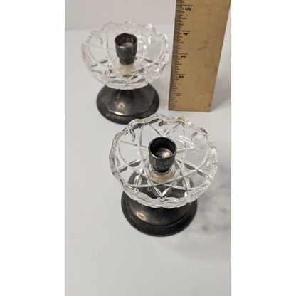 Set of 2 3.5" PM Italian Glass Top Silverplate Candlesticks Half-Inch Tapers