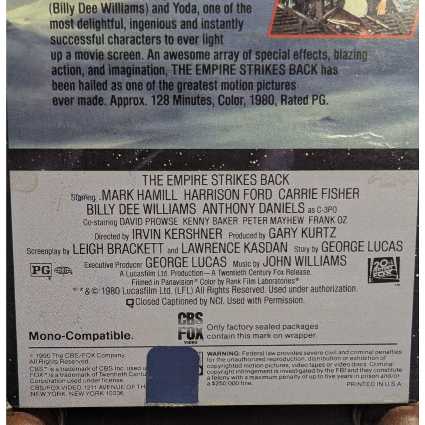 Vintage Star Wars Empire Strikes Back (VHS) CBS Fox Video 1990