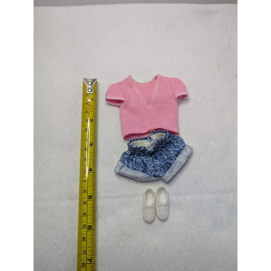 Vintage 1989 Fashion Starters Camp Outfit Denim Shorts Pink T-shirt with Shoes