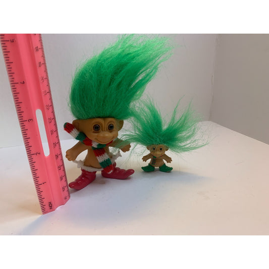 Two Vintage 90's Russ Christmas Elf Troll Dolls Mini & Pencils Topper Green Hair
