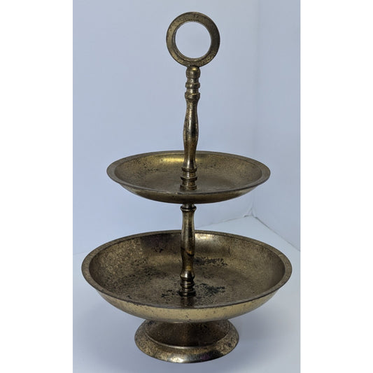 Vintage 2-Tier Brass Gold Tone Circular Jewelry Trinket Trays Stand 8” Metal