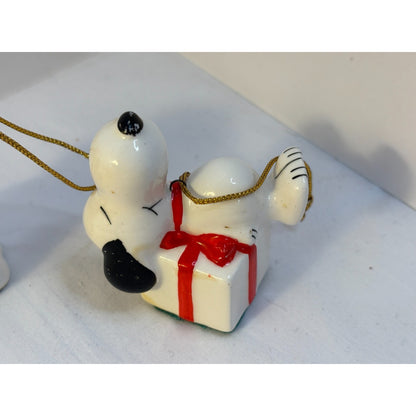 Two Vintage Snoopy Peanuts Ceramic Christmas Gift Present Wreath Ornaments Japan