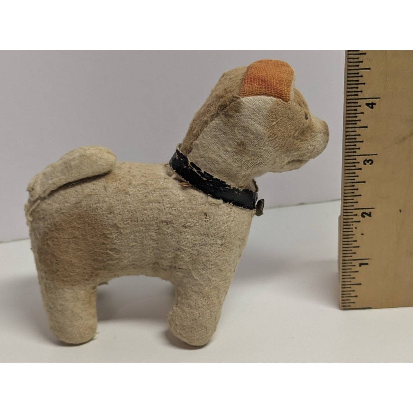 Antique 1900s Handmade Straw Stuffed Rag Dog with Glass Eye and Collar