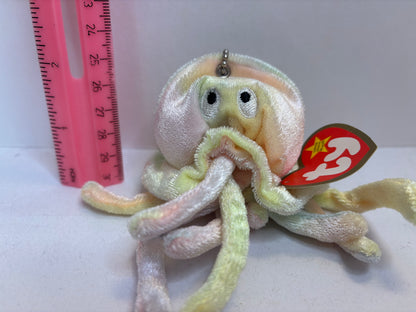 Plush toy jellyfish bag charm with a red tag