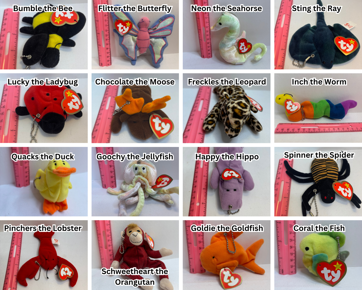 Collection of various plush bag charms with name tags on a white background