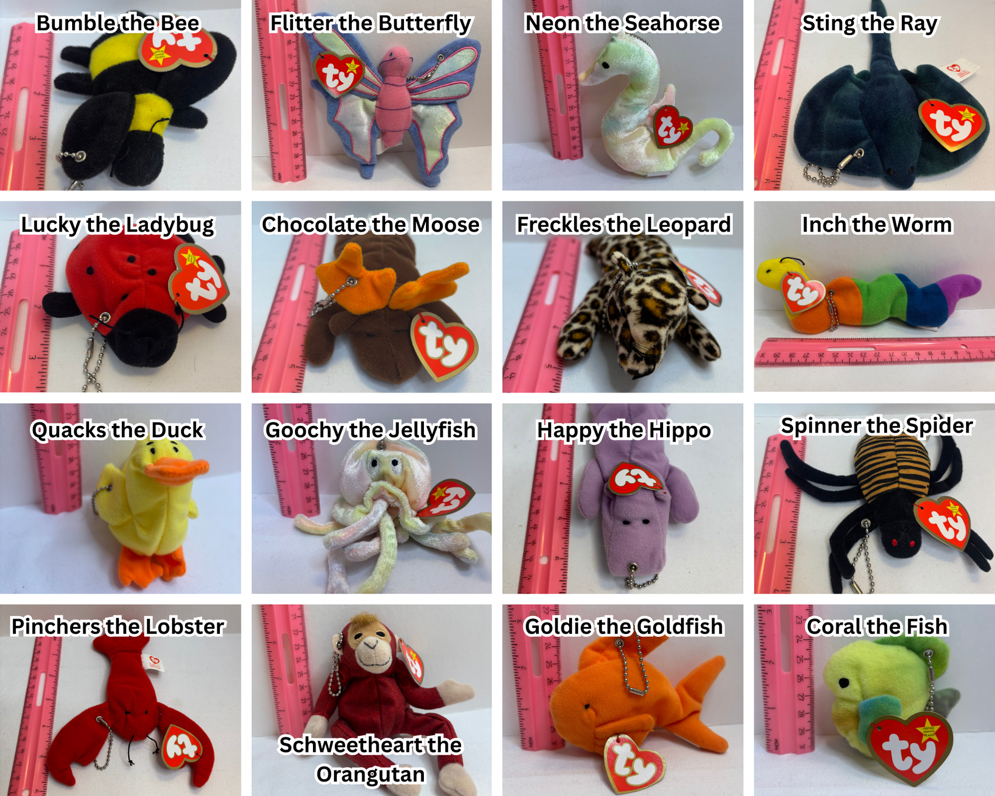 Collection of various plush bag charms with name tags on a white background