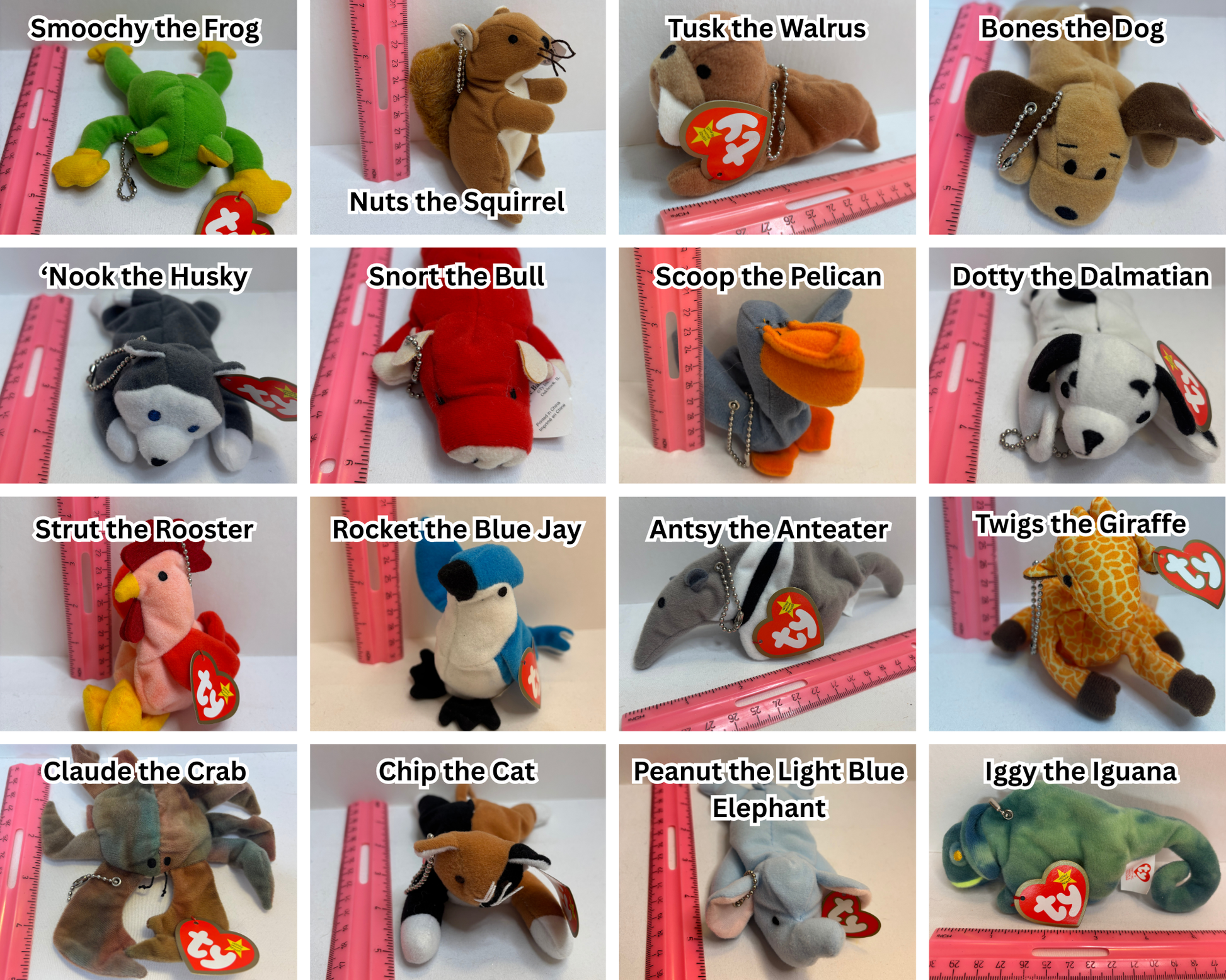 Collection of various plush bag charms with labels on a white background