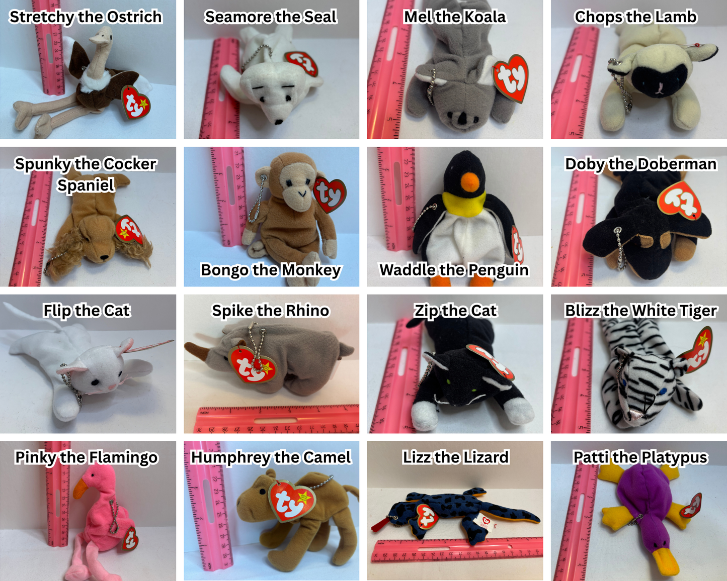Collection of various plush bag charms with corresponding names on a white background