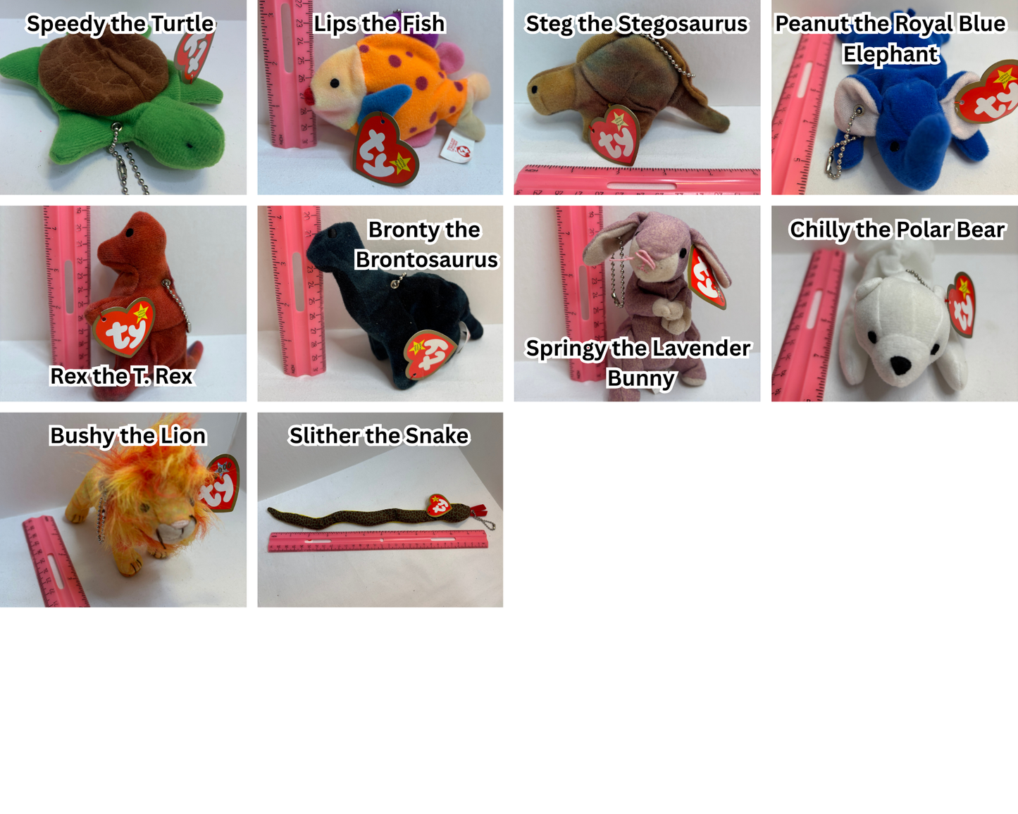 Collection of various plush bag charms with labels on a white background